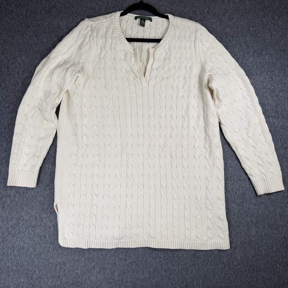 Lauren Ralph Lauren XL White Cable Knit V-Neck‎ Sweater 100% Cotton Classic